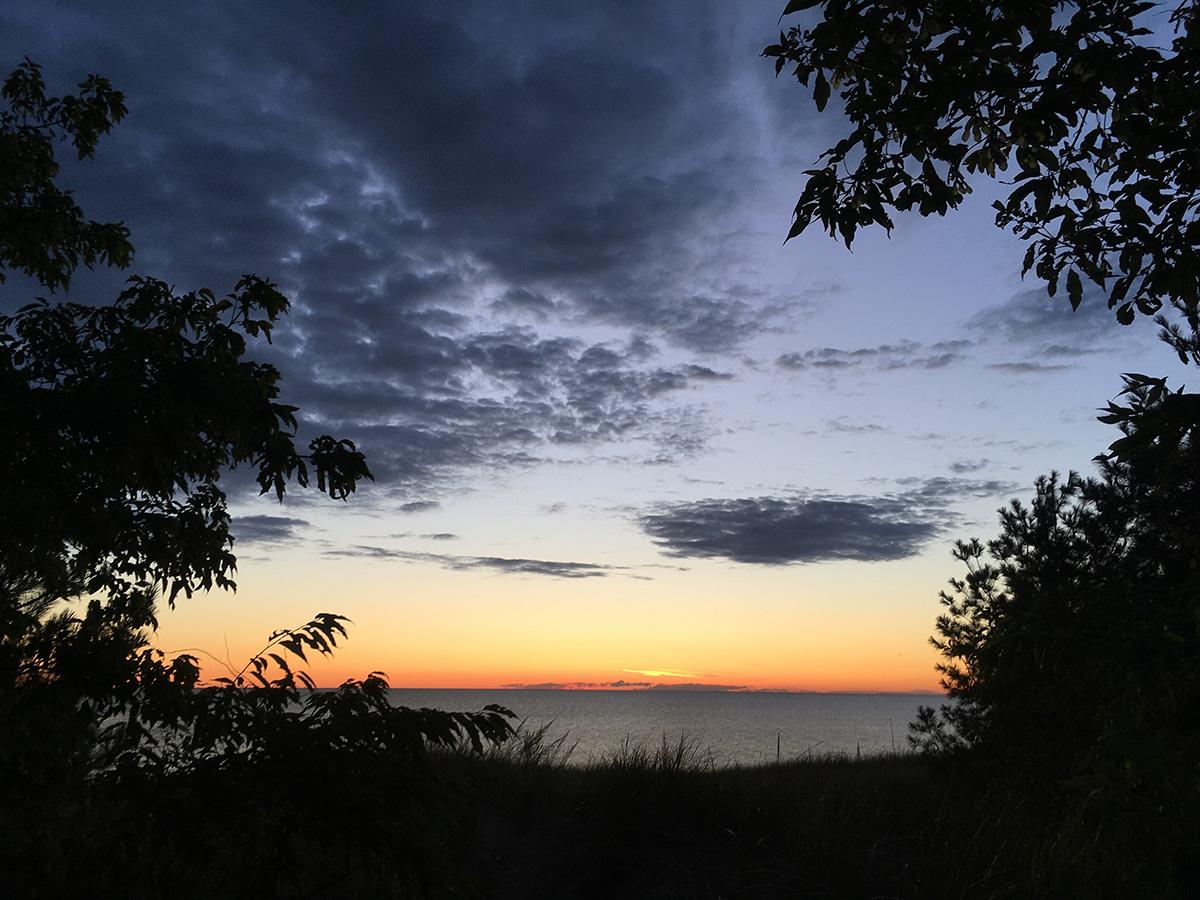 Lake Superior at sunrise with trees and shrubs in the foreground.