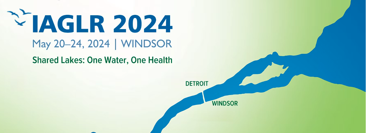 IAGLR 2024, May 20-240, 2024. Shared Lakes: One Health. Cartoon showing waterway with Windsor, Ontario, and Detroit, Michigan.