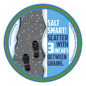 Round graphic of sidewalk with salt and boot tread prints and the words salt smart scatter with three inches between grains 