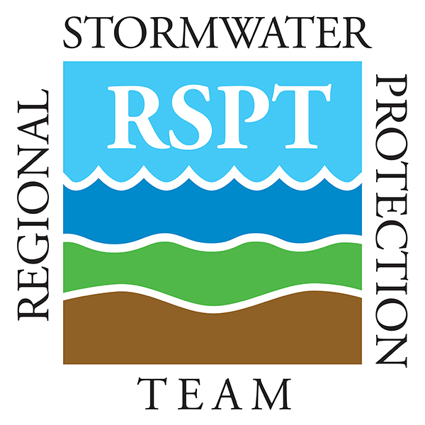Regional stormwater protection team, brown, green, blue wave illustrations.