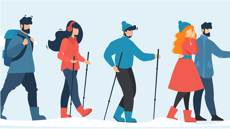Simple illustration of group of 5 men and women wearing winter clothes and hiking 