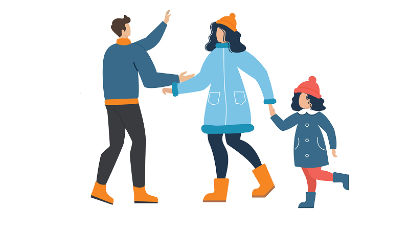 Simple illustration of parents and a child wearing winter clothes