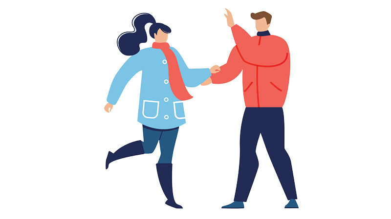 Simple illustration of a man and woman wearing winter clothes and holding hands