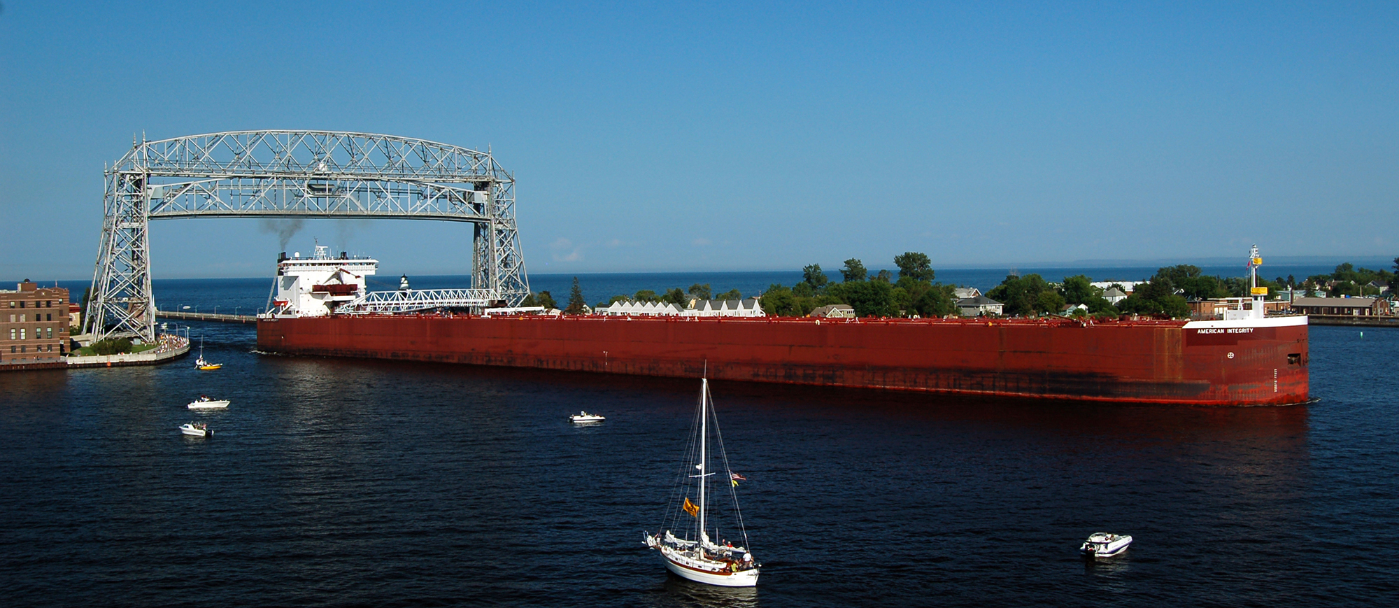 Ships entering the Port of Duluth-Superior Harbor through the Duluth aerial lift bridge