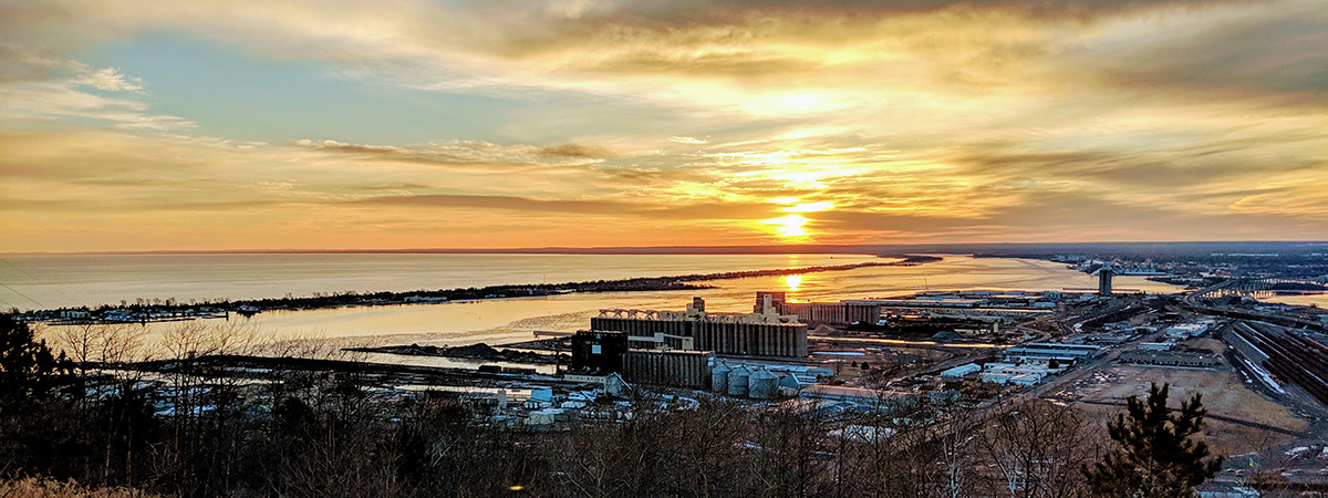 Overlook of sunrise from the Skyline Parkway - Scenic Byway in Duluth, Minnesota.