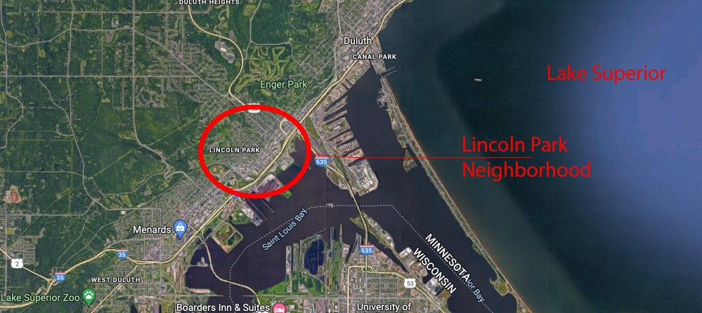 Aerial view of Duluth's Lincoln Park and surrounding neighborhoods. 