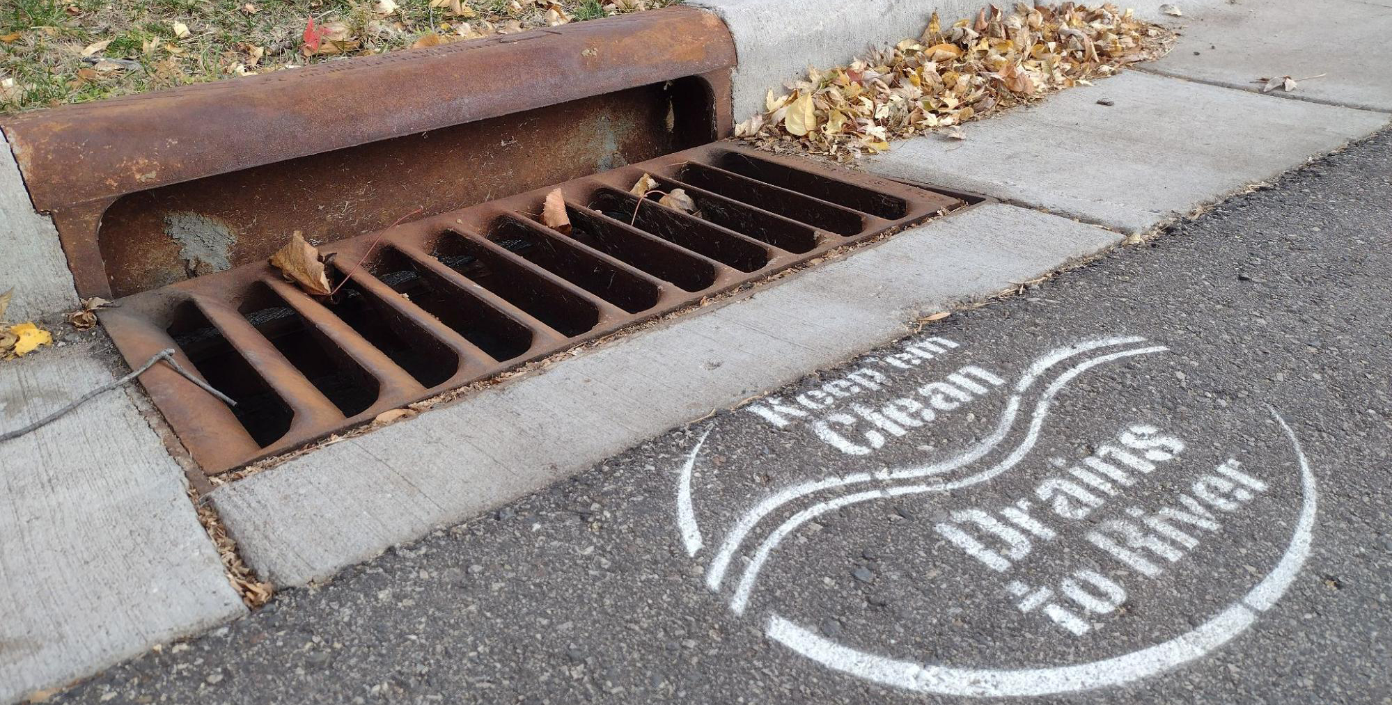 Street curb storm drain without leaves and with stenciled words on pavement that say "Keep them clean. Drains to River."