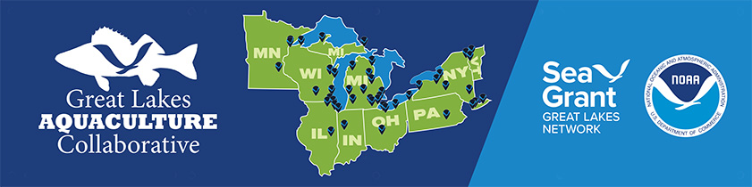 From left to right: Sea Grant Great Lakes Aquaculture Collaborative logo, map of the Great Lakes states, Sea Great Great Lakes Network logo, and NOAA logo.