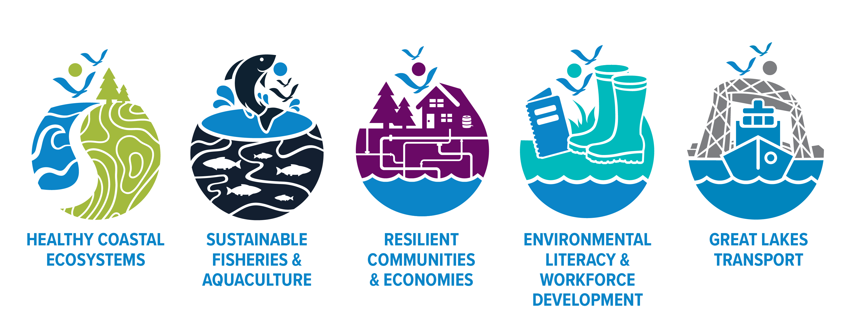 Icons for five Sea grant focus areas: Healthy coastal ecosystems, sustainable fisheries and aquaculture, resilient communities and economics, environmental literacy and workforce development, and great lakes transport