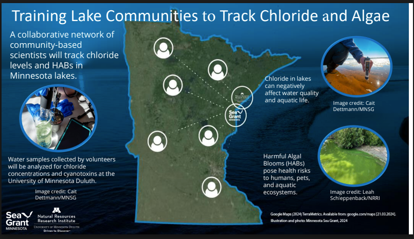 Map of Minnesota highlighting various lake locations where volunteers will collect water samples to track chloride levels and Harmful Algal Blooms (HABs). The title reads, 'Training Lake Communities to Track Chloride and Algae.' It explains that community-based scientists in Minnesota lakes will collect water samples to monitor chloride concentrations and cyanotoxins, which will be analyzed by the University of Minnesota Duluth.