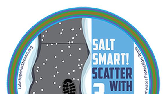 Round graphic of sidewalk with salt and boot tread prints and the words salt smart scatter with three inches between grains 