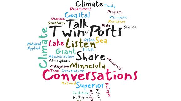 Graphic with word could: Talk, Twin Ports, Listen, Share, Conversations, CLimate, Minnesota, Superior, Climate 