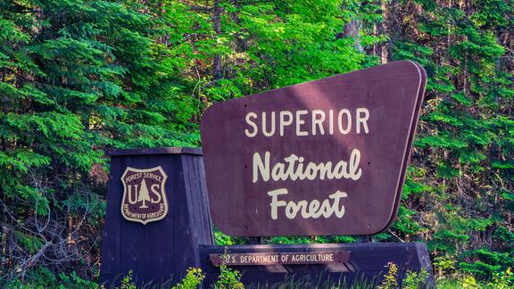 U.S. Forest Service sign for Superior National Forest; a brown colored sign with tan colored lettering.