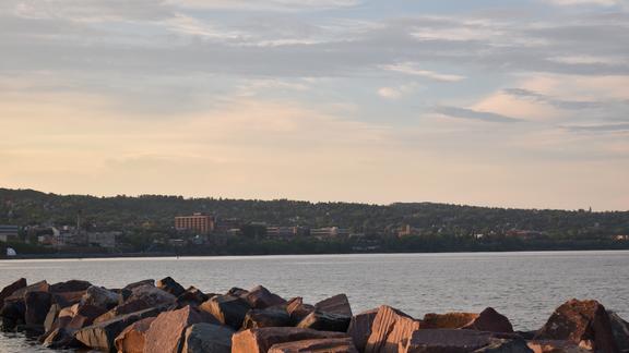 Image of a man-made rock jetty in Lake Superior.