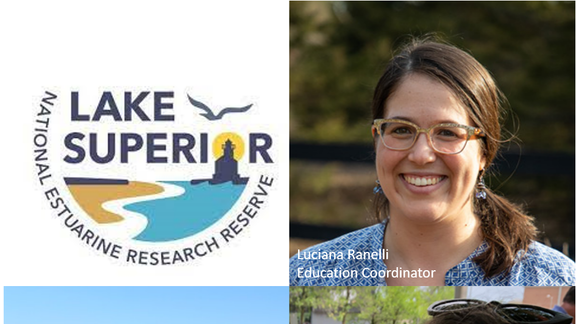 Four quadrant image; top left quadrant is the Lake Superior National Estuarine Research Reserve logo; top right quadrant is a headshot of Luciana Ranelli; bottom left quadrant is a headshot of Kirsten Rhude; bottom right quadrant is a headshot of Kait Reinl.