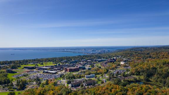 Aerial view of the University of Minnesota Duluth campus and Lake Superior from Bagley Nature Area.