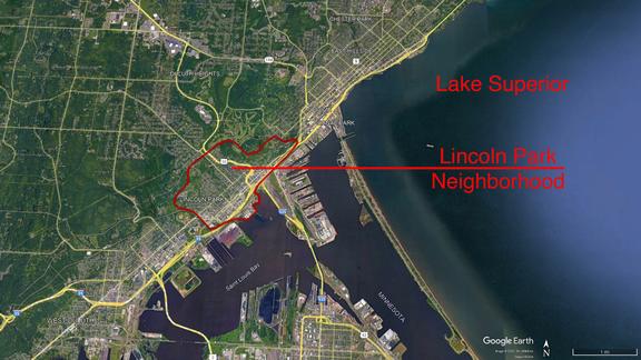 Aerial view of Duluth's Lincoln Park and surrounding neighborhoods. 