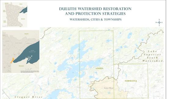 Map of Duluth showing watersheds, cities, and townships.