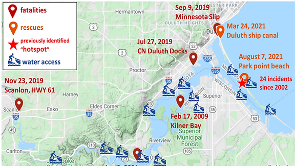 Locations of drowning and incidents in the St. Louis River Estuary and water access points (boating, beaches, campgrounds).