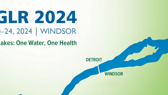 IAGLR 2024, May 20-240, 2024. Shared Lakes: One Health. Cartoon showing waterway with Windsor, Ontario, and Detroit, Michigan.
