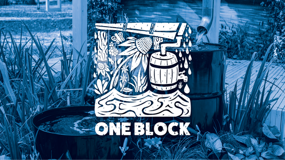 rain garden with one block linocut illustration overlayed