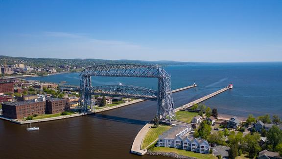 The Duluth Harbor Lift Bridge on a sunny day. 