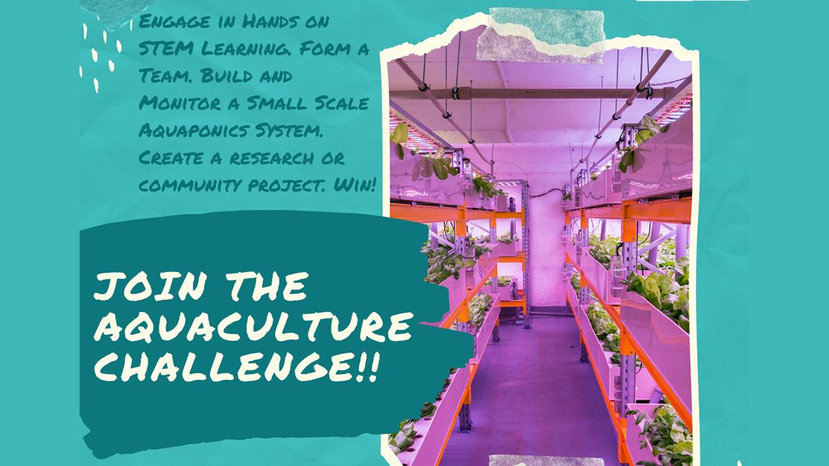 Photo of greenhouse with text: Engage in hands on stem learning, form a team, build and monitor a small scale aquaponics system. Create a research or community project. Win! Join the Aquaculture Challenge