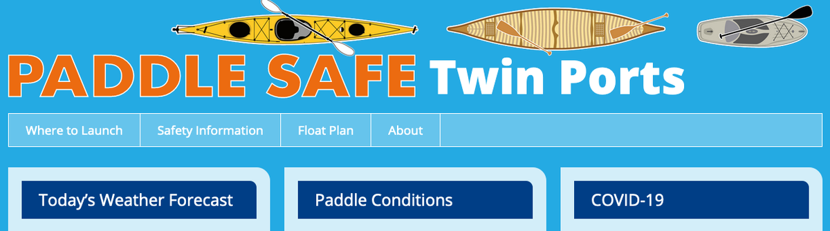 Paddle Safe Twin Ports text and cartoon kayak, canoe, paddle board