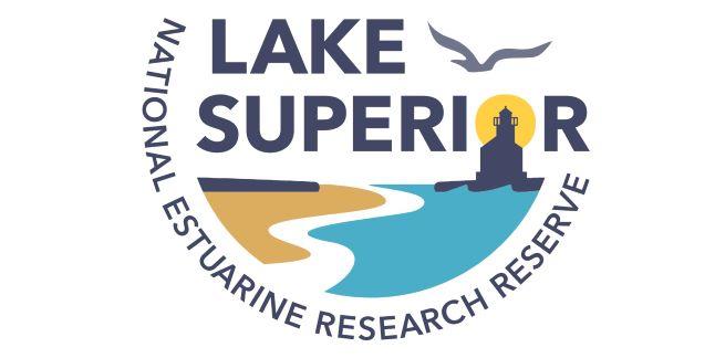 Natural Estuarine Research Reserve graphic logo of a beach shore, lake and lighthouse with a seagull flying above.