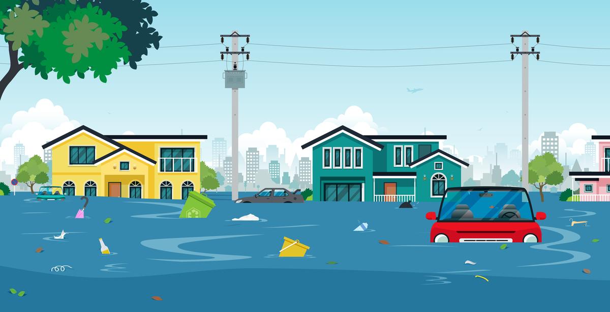 Infographic of a yellow house (left), blue house (right), and red car (right foreground) submerged halfway under flood water.