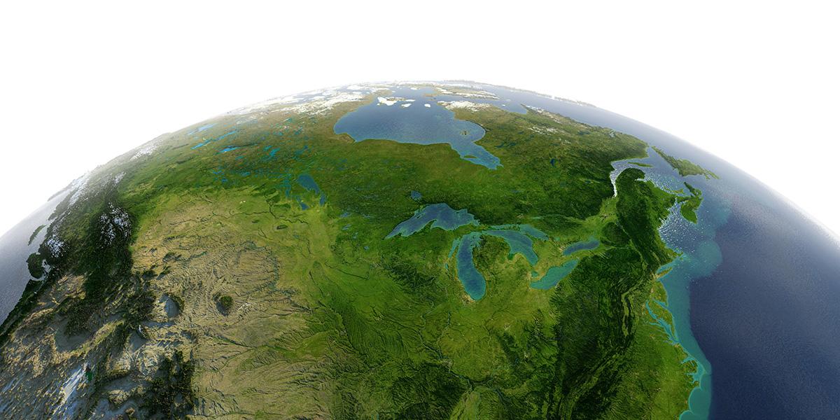 Highly detailed 3D rendering of planet Earth with exaggerated relief and transparent oceans illuminated by sunlight showing North America, United States and Canada, Great Lakes. Elements of this image furnished by NASA. Image Credit: © Anton Balazh 2019.