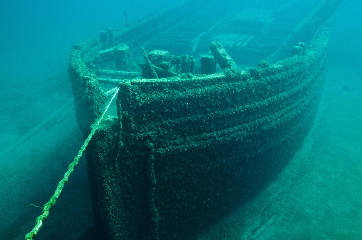 Underwater shipwreck of the schooner E. B. Allen sunk by collision.