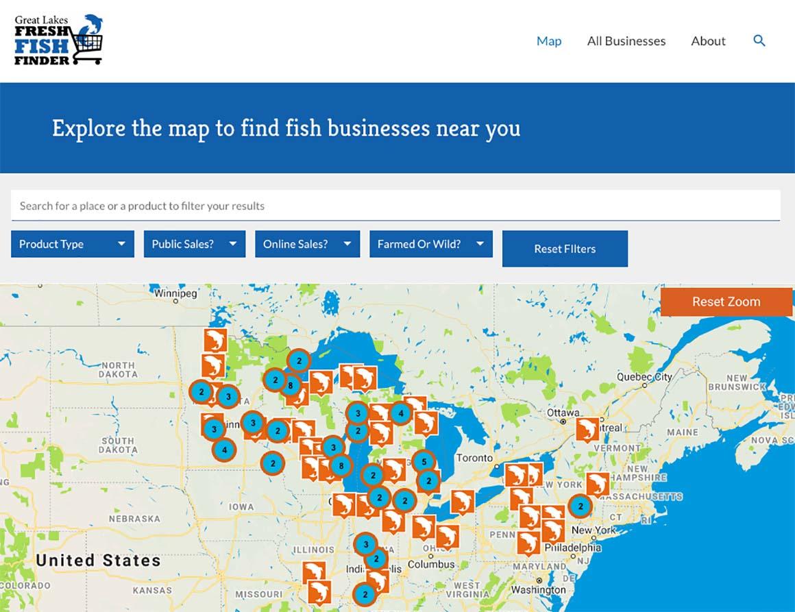 Partial map of United States showing locations of fish producers in the Great Lakes region. 