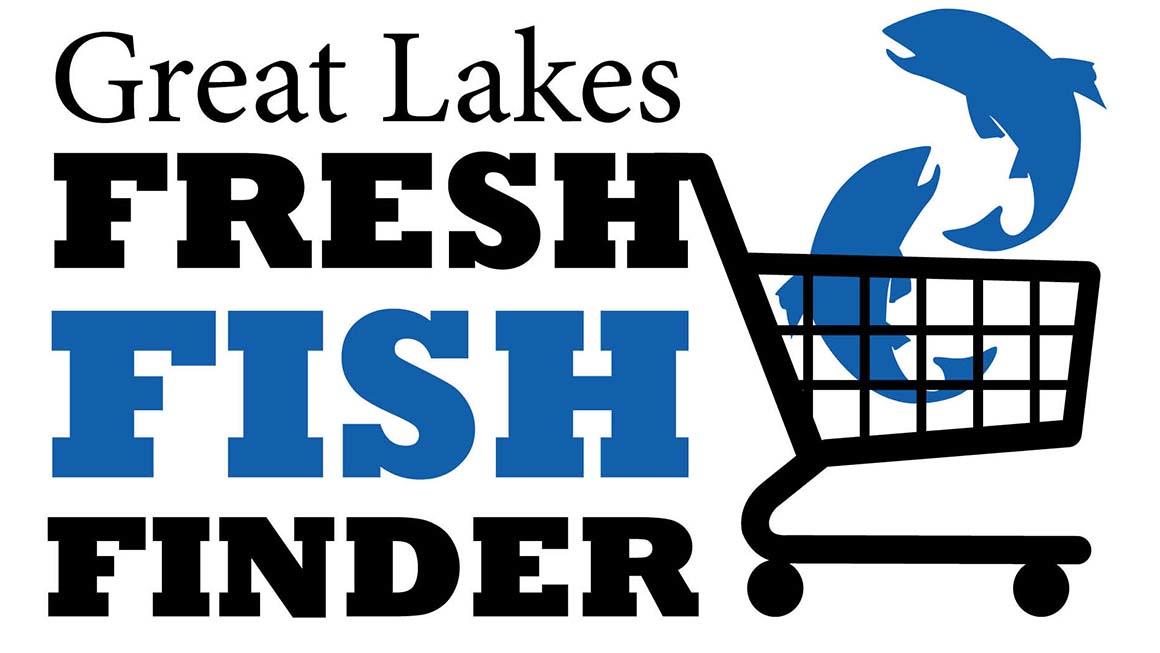 Great Lakes Fresh Fish Finder, cartoon grocery cart with two jumping fish in the basket.