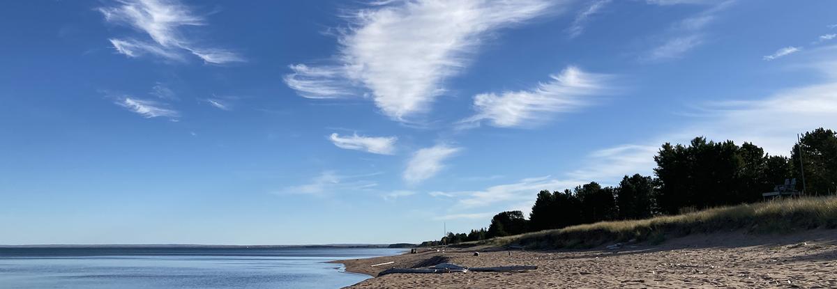 Sandy beach, lakeshore, pine trees, blue sky with high clouds