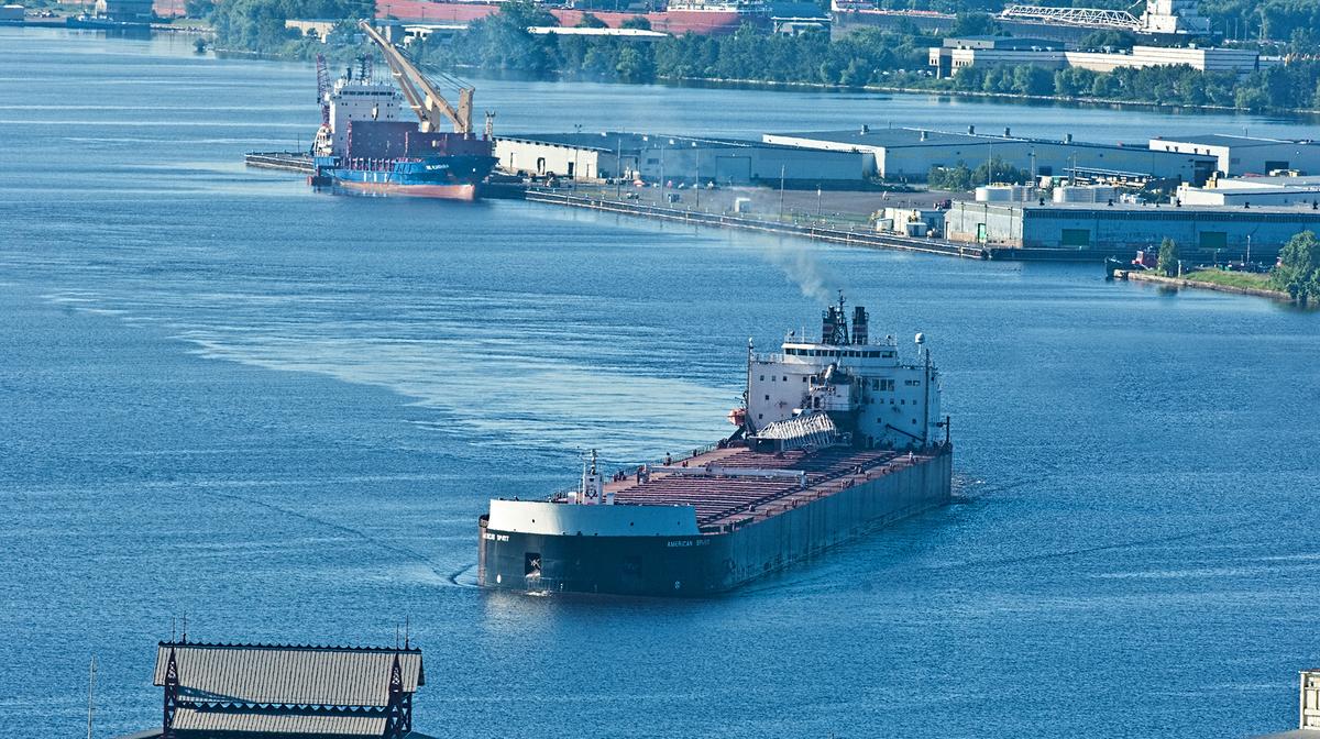 Shipping vessel turning in the Port of Duluth-Superior.