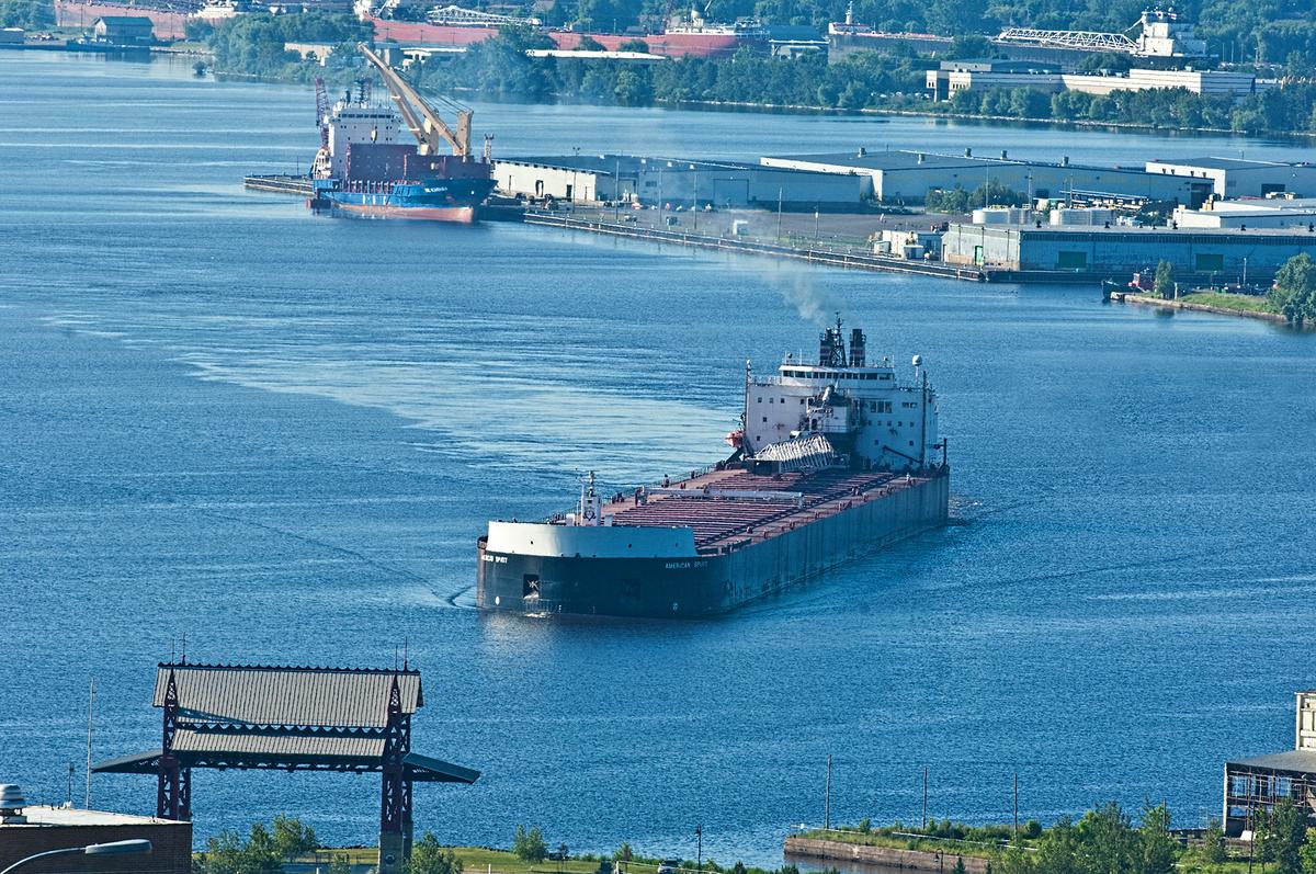 Shipping vessel turning in the Port of Duluth-Superior.