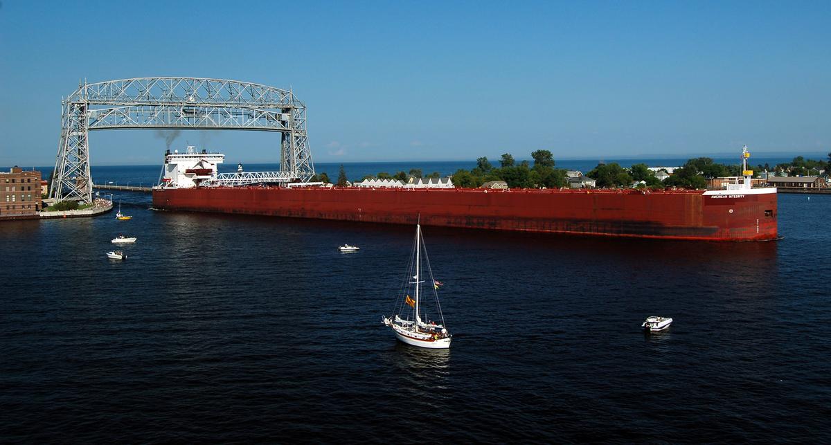 Ships entering the Port of Duluth-Superior Harbor through the Duluth aerial lift bridge