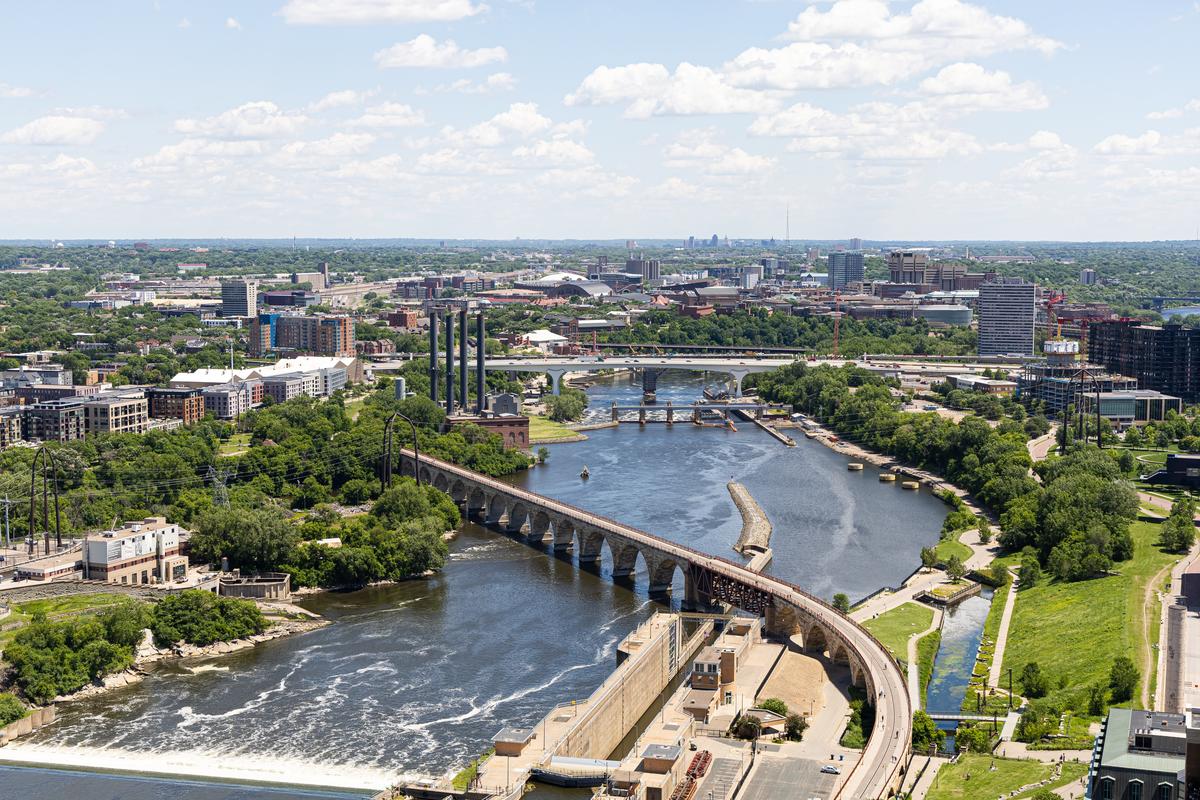 Aerial view of the St. Anthony Falls Laboratory on the Mississippi River in Minneapolis, Minnesota.