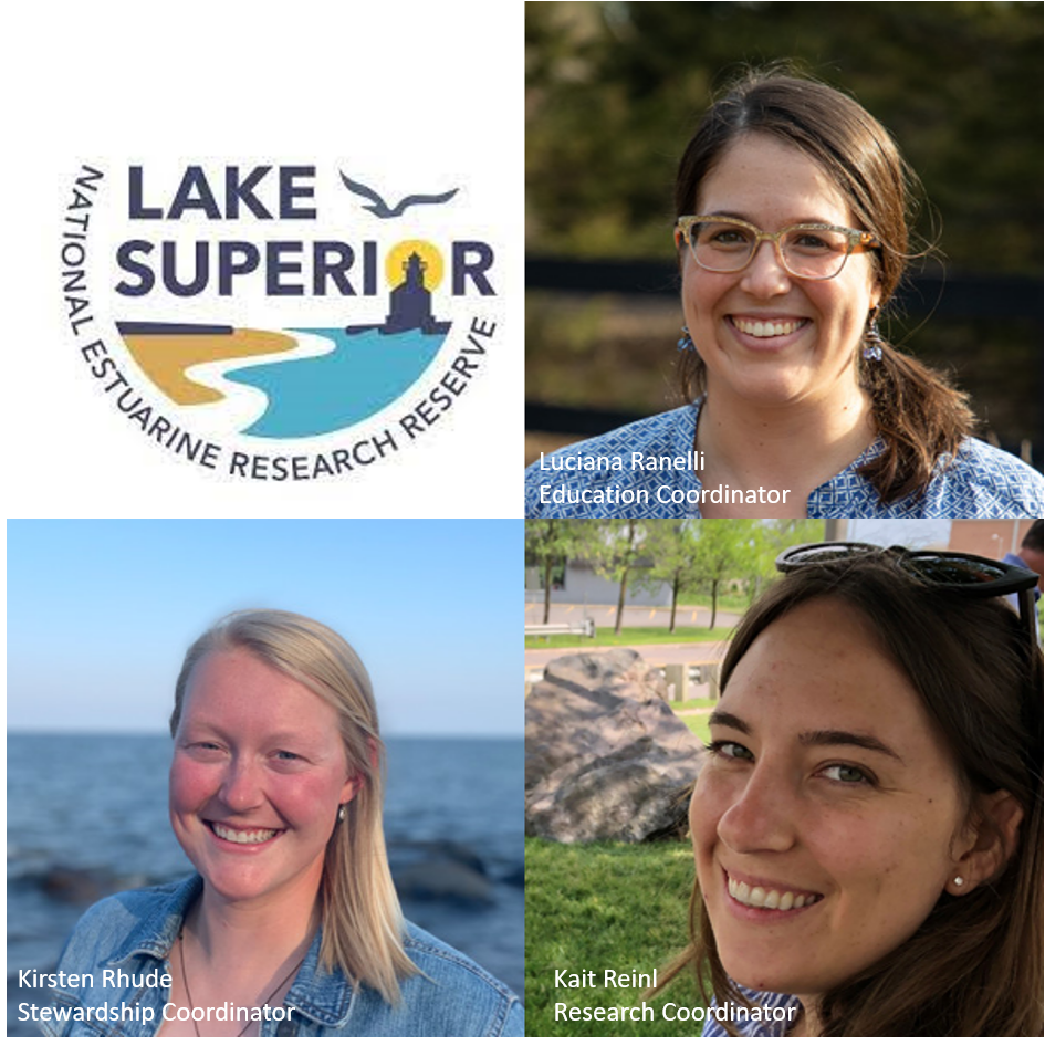 Four quadrant image; top left quadrant is the Lake Superior National Estuarine Research Reserve logo; top right quadrant is a headshot of Luciana Ranelli; bottom left quadrant is a headshot of Kirsten Rhude; bottom right quadrant is a headshot of Kait Reinl.