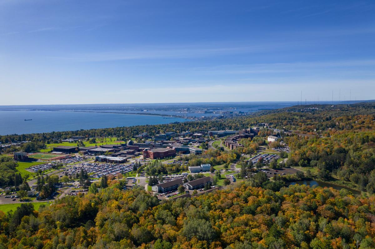 Aerial view of the University of Minnesota Duluth campus and Lake Superior from Bagley Nature Area.