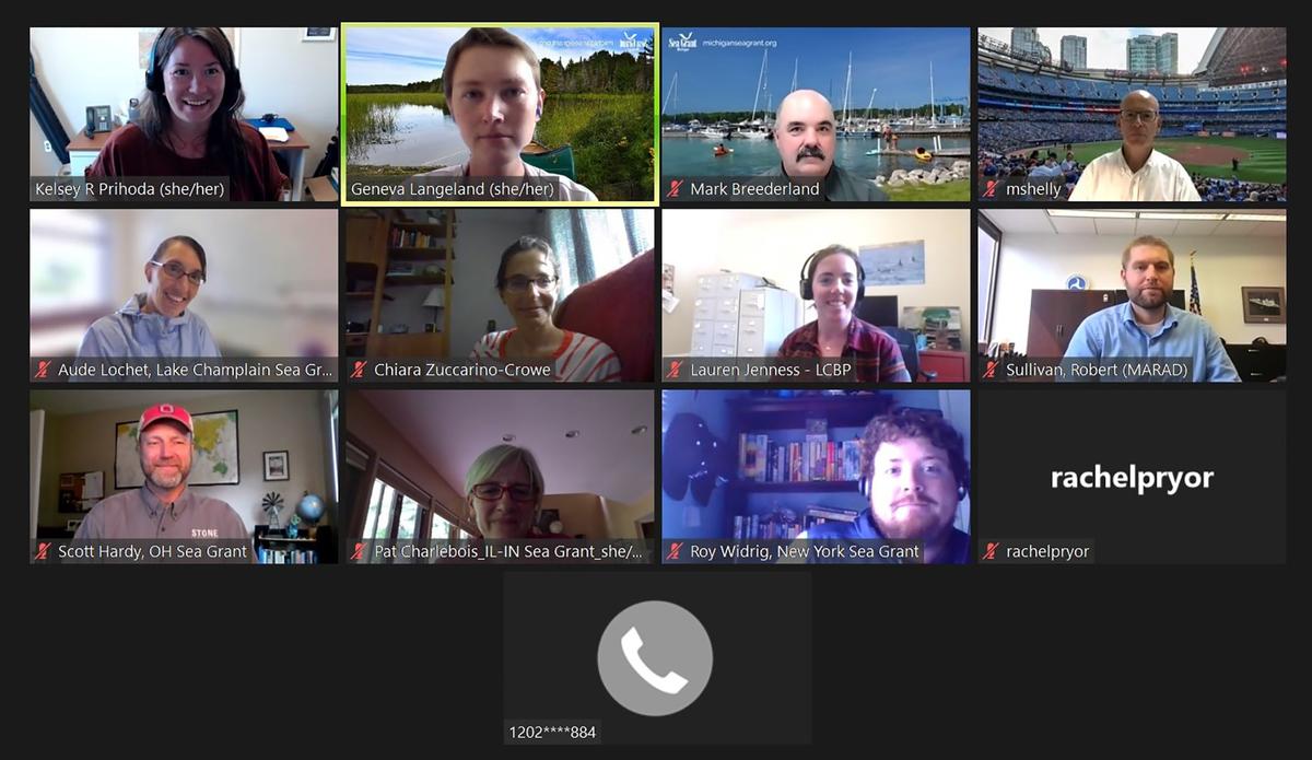 Screenshot of 11 people in small boxes in a Zoom video-conference grid pattern.