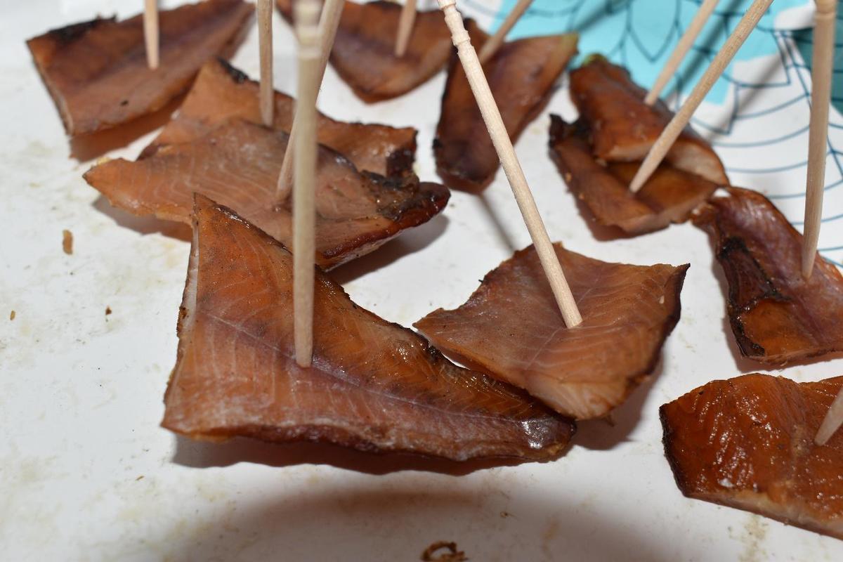 Bite-size pieces of smoked Yellow Perch (fish) with toothpicks.