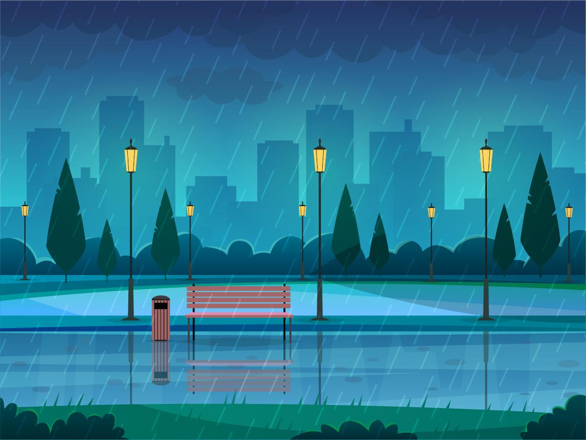 Illustration of city, park bench, street lights, and trash bin in the rain.