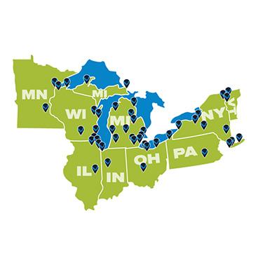 Map with pins to indicate Great Lakes Sea Grant Network office locations.