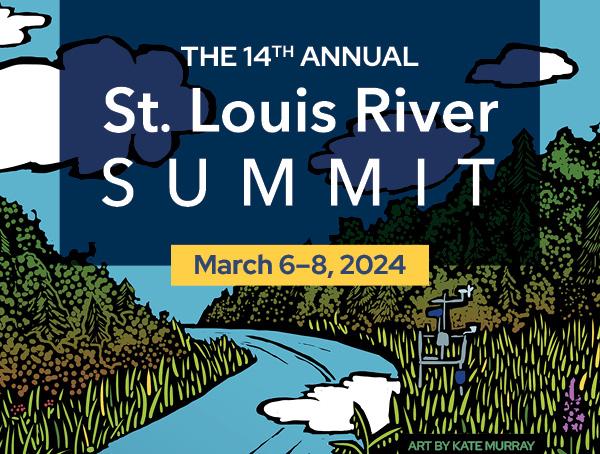 14th Annual St. Louis River Summit text overlayed on a woodcut illustration by Kate Murray