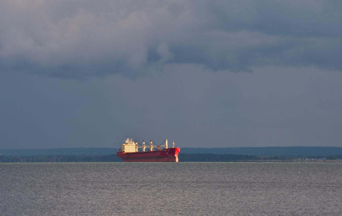 A freighter in front of clouds on Lake Superior.