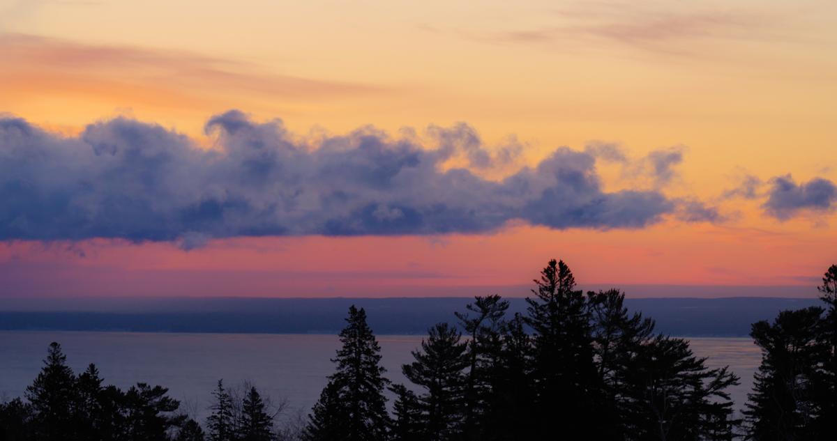 Silhouettes of trees in front of a sunrise over Lake Superior. 
