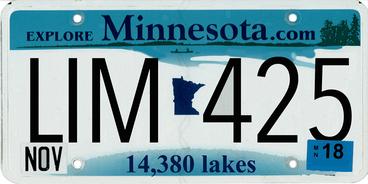 Minnesota license plate with altered text that reads 14,380 lakes